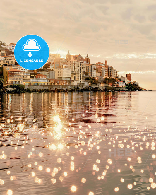 Madeira's City Icons Art Skyline Cityscape Composite Beige - A city on a hill with water in the background