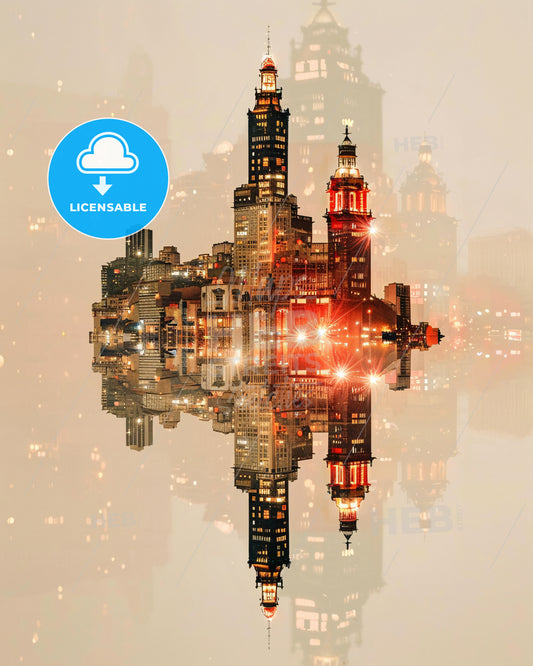 Madeira: Double Exposure of City Skyline and Landmarks - A city with lights reflected in water