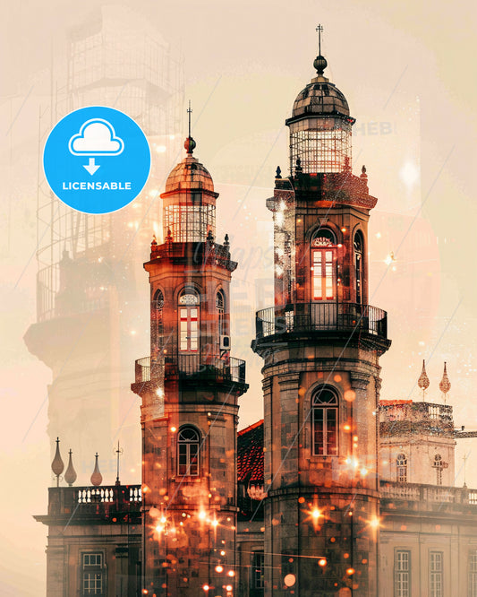 Madeira Double Exposure Skyline Landmark Poster - A double exposure of a building with towers