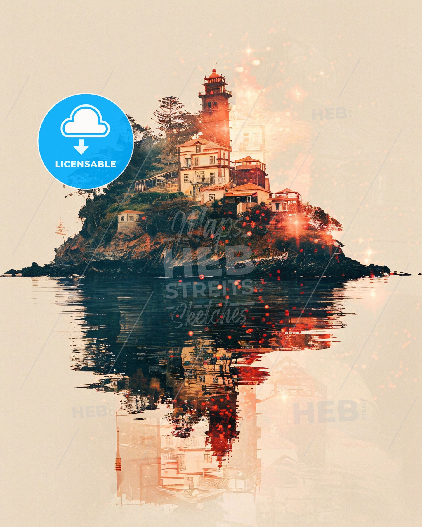 Madeira Double Exposure Art Poster with Sparkling Landmarks - A building on an island