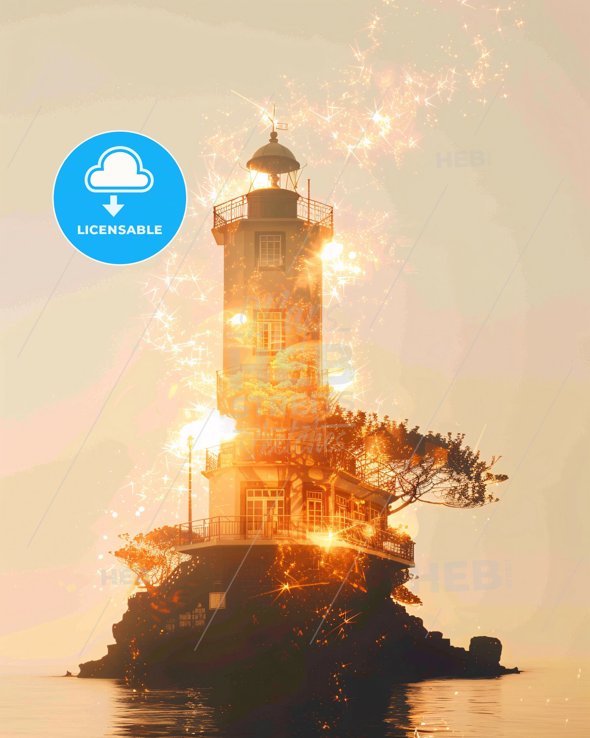 Madeira Landmark Composite Art Print - A lighthouse with fireworks in the sky