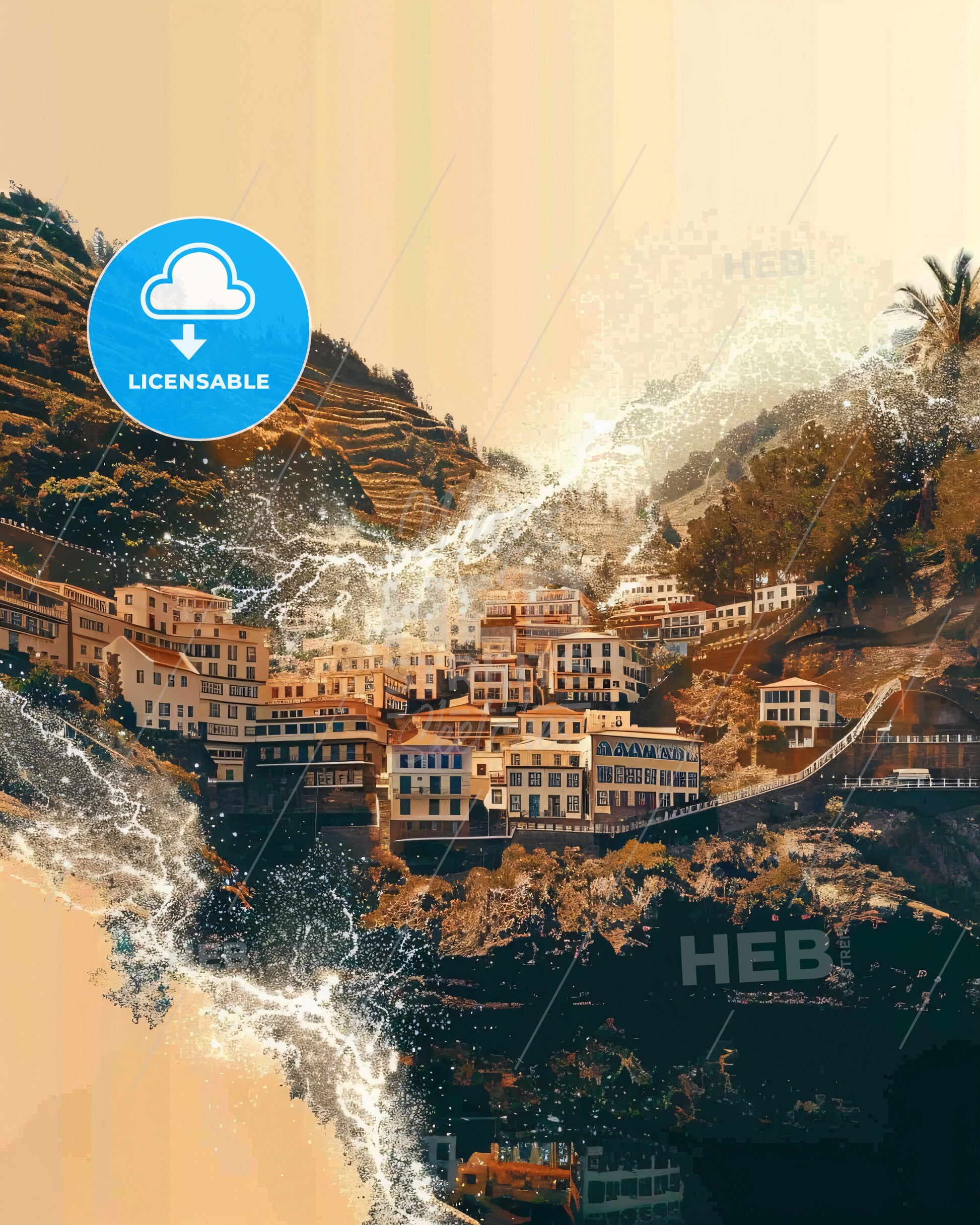 Serene Island of Madeira Composite Art Poster - A water splashing over a city