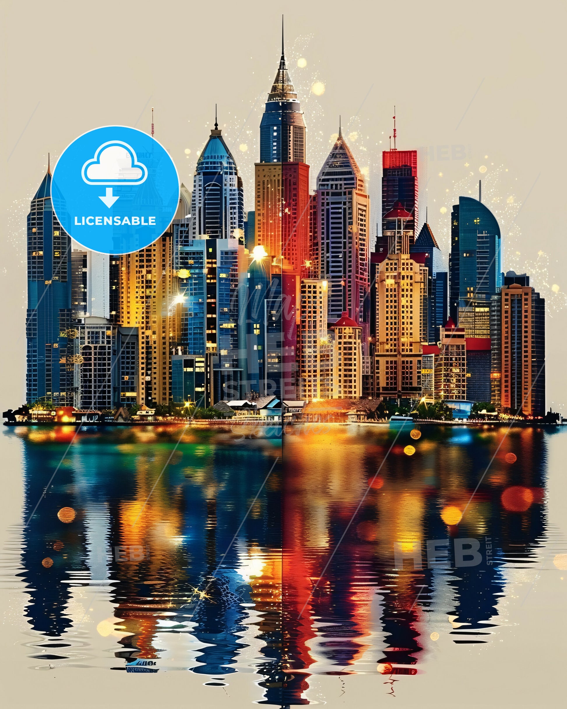 Maldives Skyline Double Exposure Composite Artwork - A city skyline with lights reflecting on water