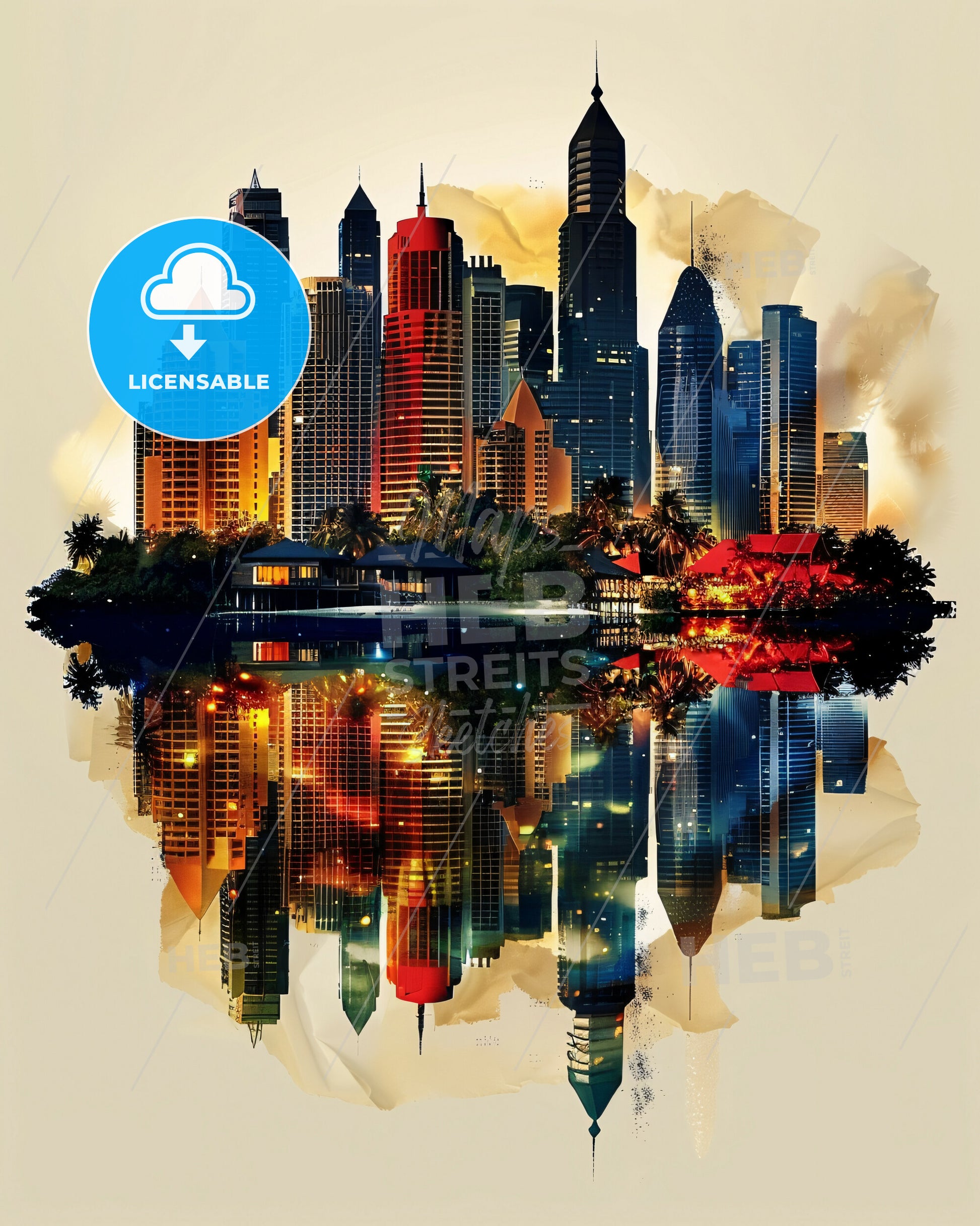 Maldives Double Exposure Skyline - A city with many tall buildings reflected in water