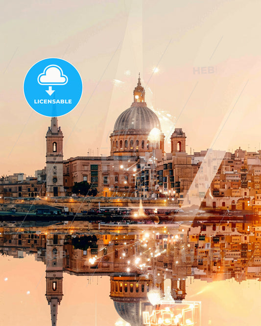 Malta City Skyline Double Exposure Art Print - A building with a dome and a tower on the side of it