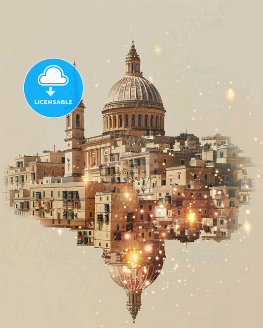 Malta Skyline Art - Double Exposure Composite Poster - A city with a dome and a dome on top