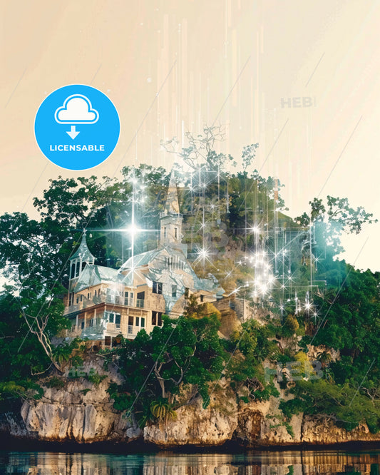 Palau Islands Double Exposure Composite Art Poster - A house on a hill with trees and stars