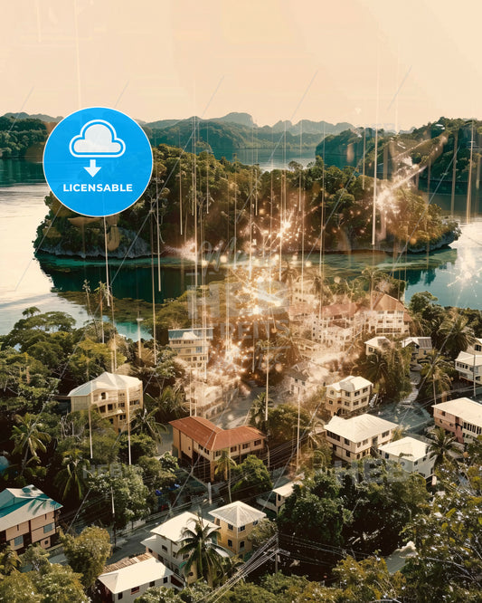 Palau Landmarks Panorama Composite Artwork Beige - A small islands with buildings and lights