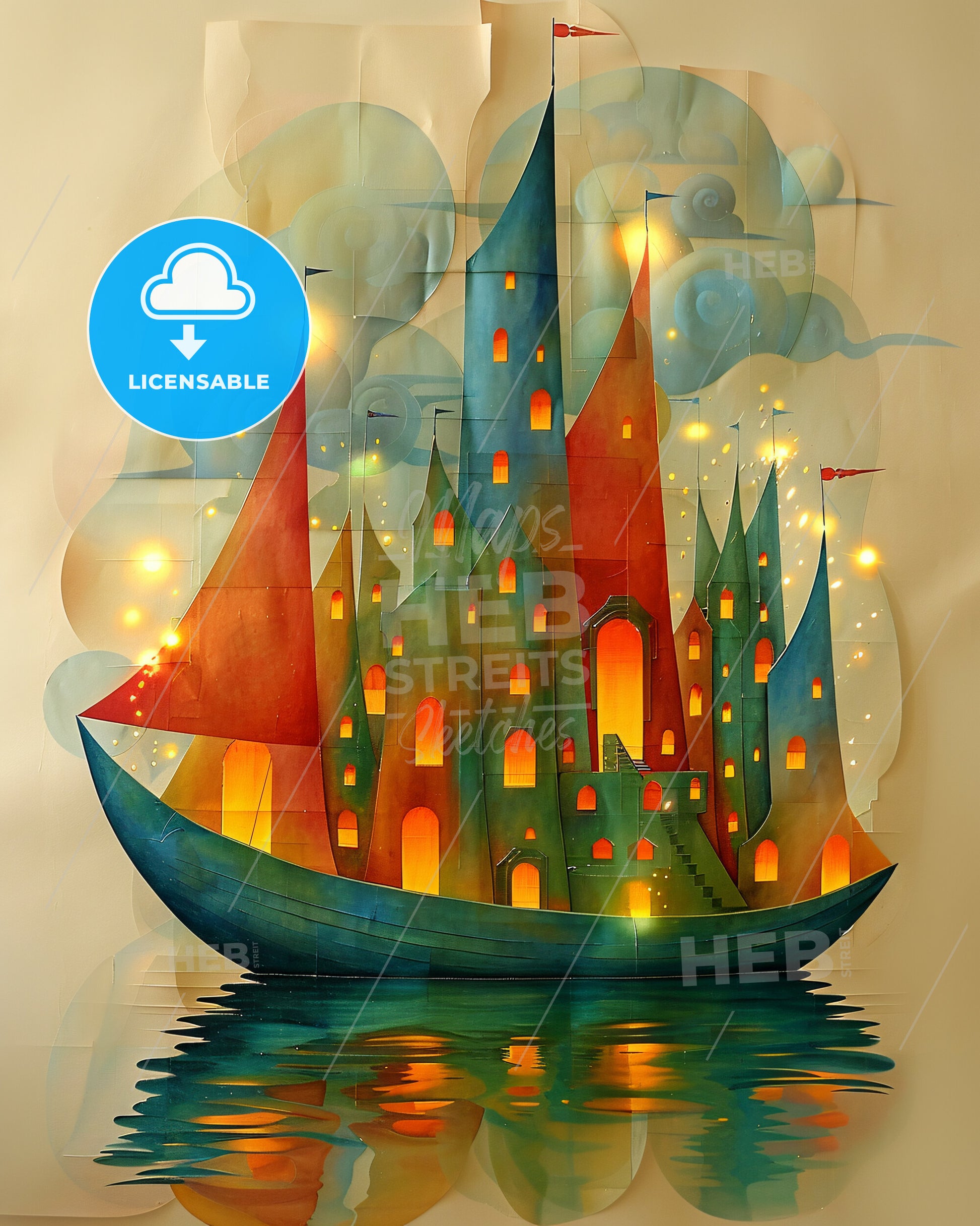 Palawan Skyline Double Exposure Poster - A painting of a castle on a boat