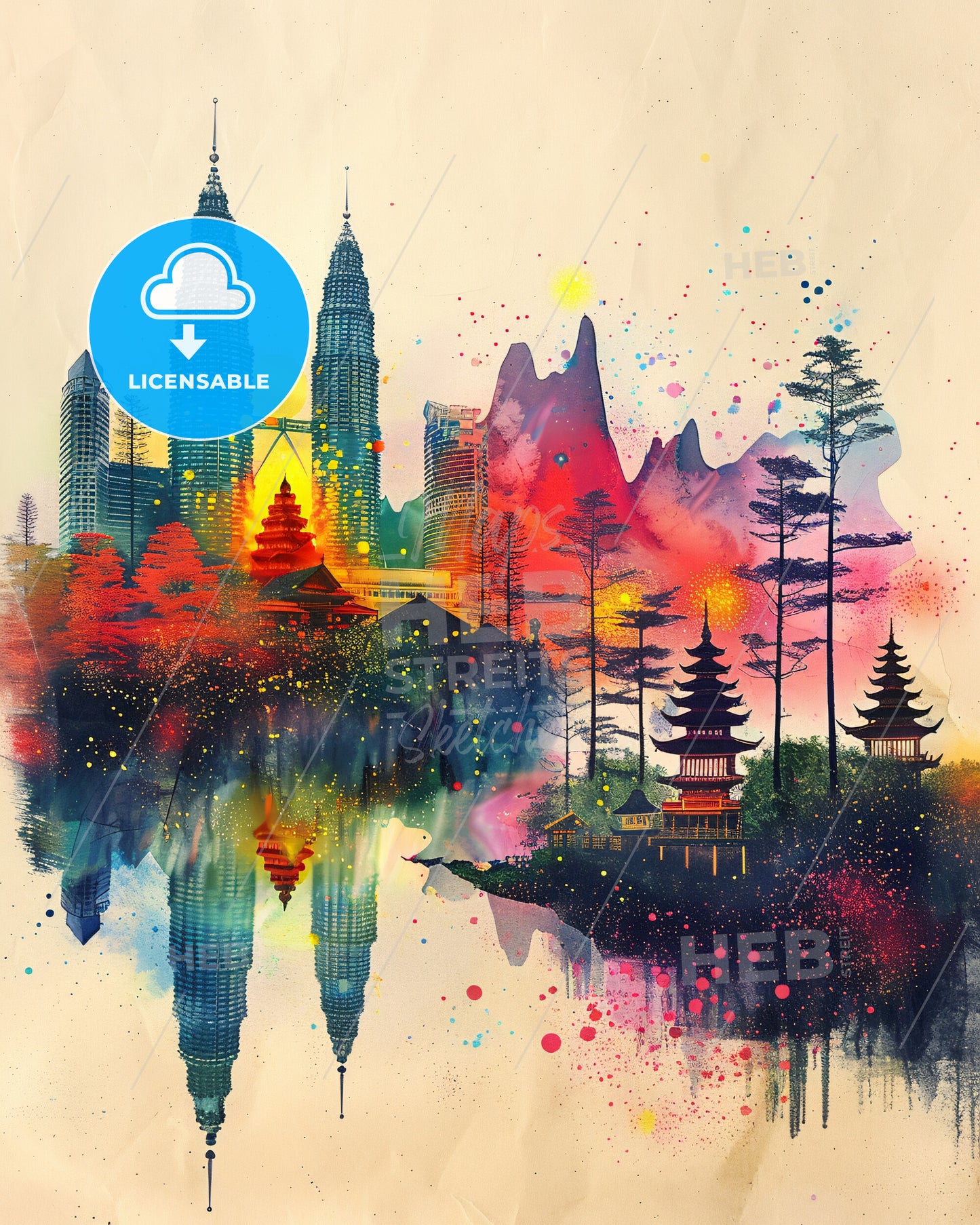 Perhentian Islands Poster Skyline Local Landmarks - A painting of a city with trees and buildings