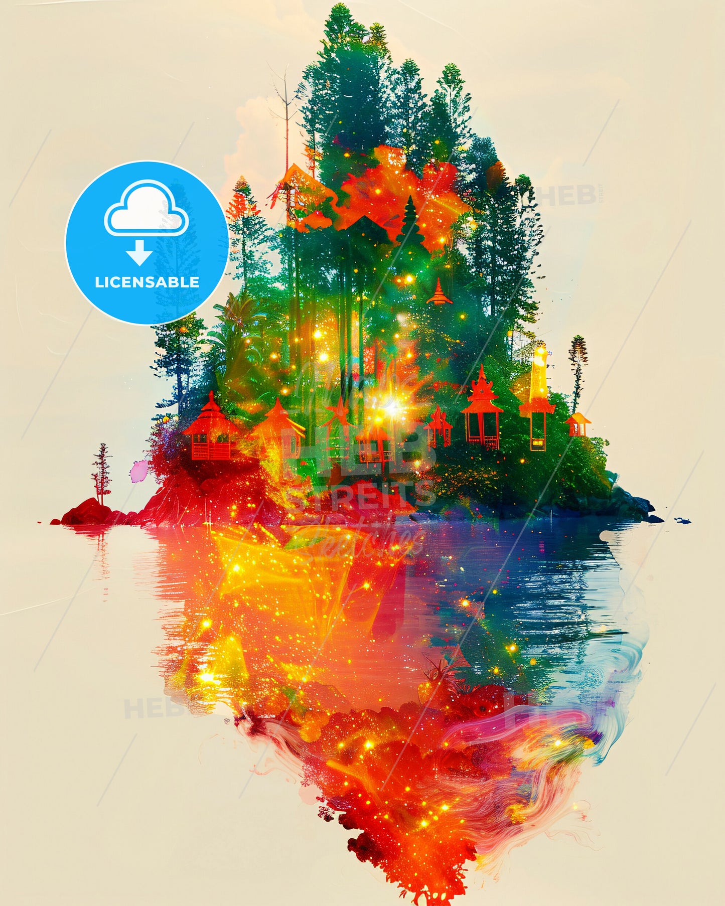 Perhentian Islands Double Exposure Art Poster - A colorful island with trees and buildings