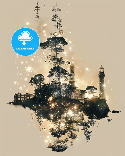 Portsea Island Skyline Double Exposure - A small island with trees and buildings