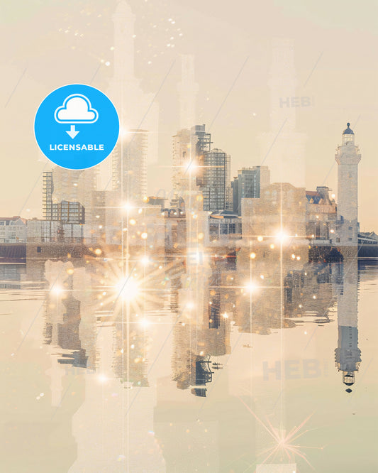 Portsea Island Skyline Composite Art - A city skyline with lights reflecting on water