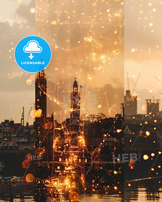 Portsea Island Skyline Art with Local Icons - A city with lights and a city skyline