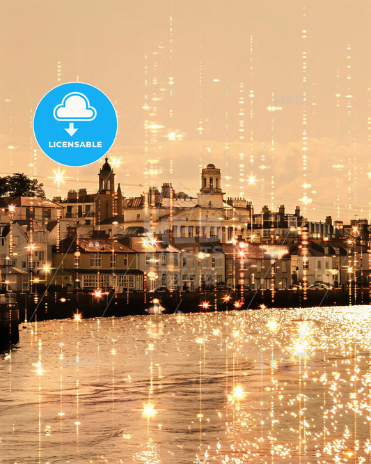 Portsea Island City Skyline Double Exposure Art Poster - A city with lights falling over water