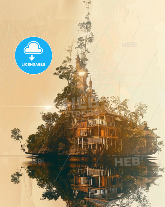 Raja Ampat Double Exposure Art Poster - A house on an island