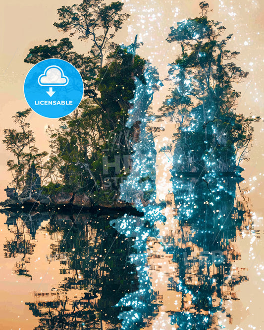Raja Ampat Landmarks Double Exposure Art Poster - A small island with trees and stars in the water