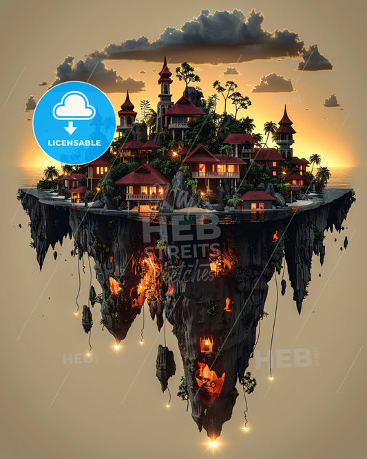 Raja Ampat Silhouette Double Exposure Skyline Poster - A floating island with buildings and trees