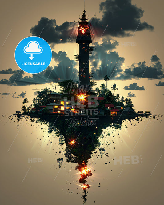 Raja Ampat Double Exposure Skyline Poster Art - A lighthouse on a floating island