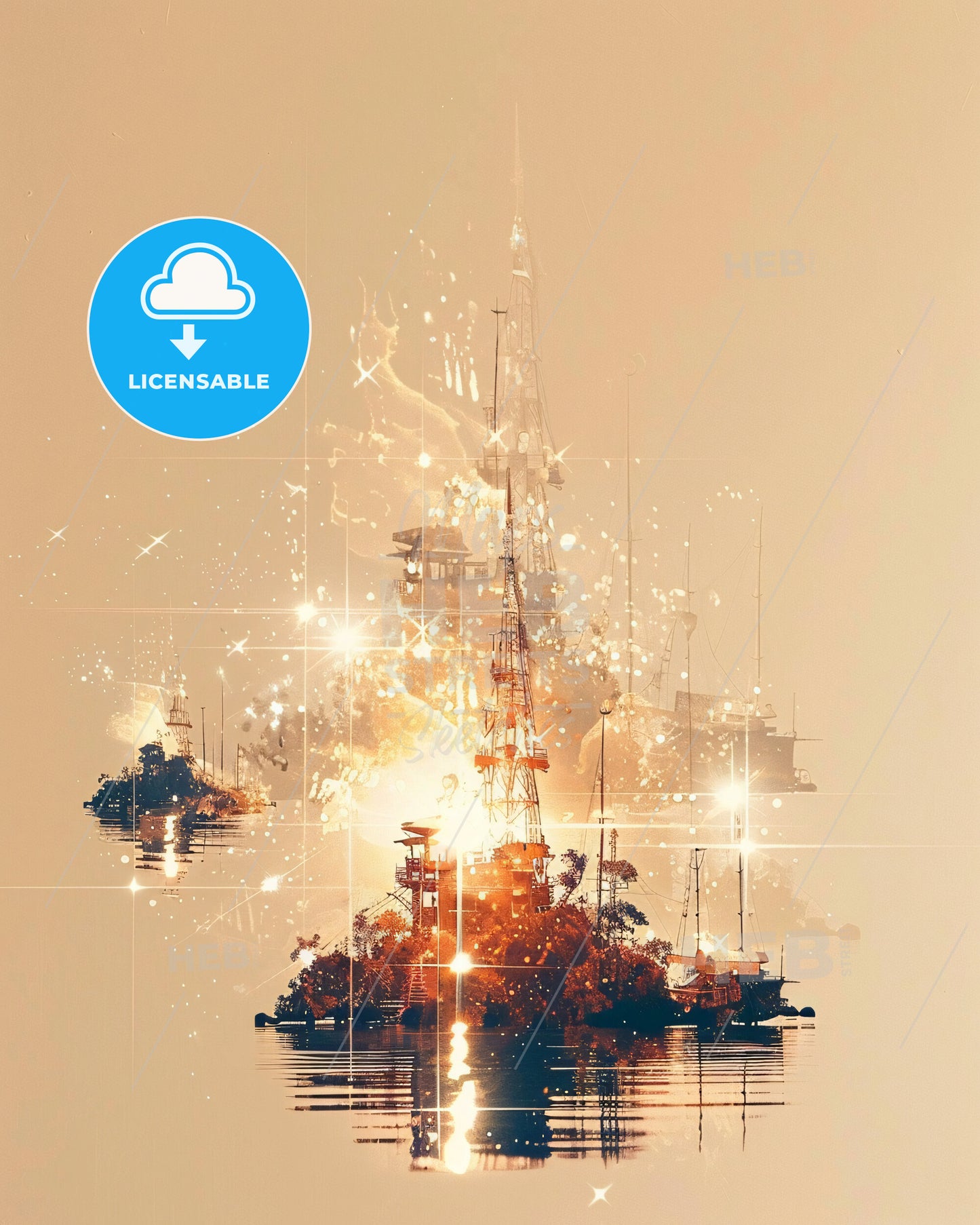 Raja Ampat Double Exposure Composite Art Poster - A large island in water with a tower in the background