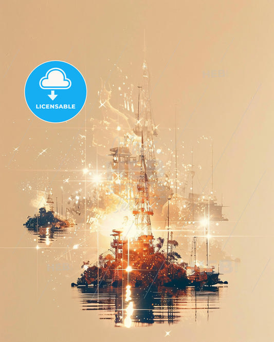 Raja Ampat Double Exposure Composite Art Poster - A large island in water with a tower in the background