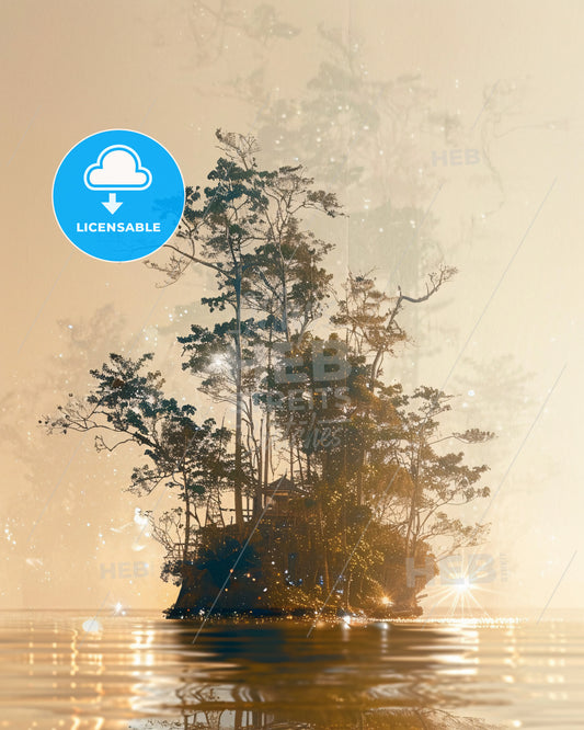 Exotic Raja Ampat Double Exposure Poster Art - A small island with trees in the water