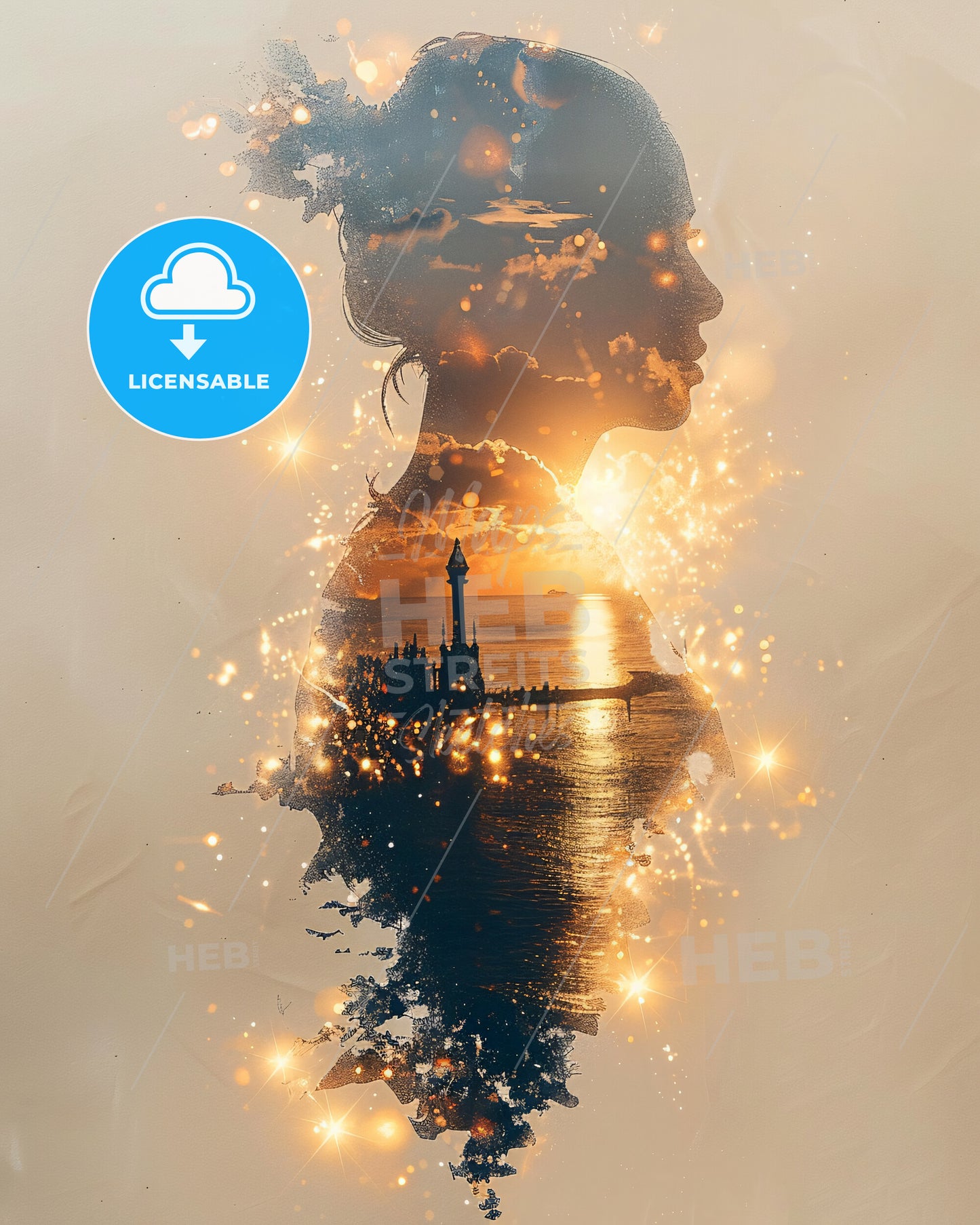 Reunion Double Exposure: Bright Sparkles Beige Design - A double exposure of a woman's face and a sunset