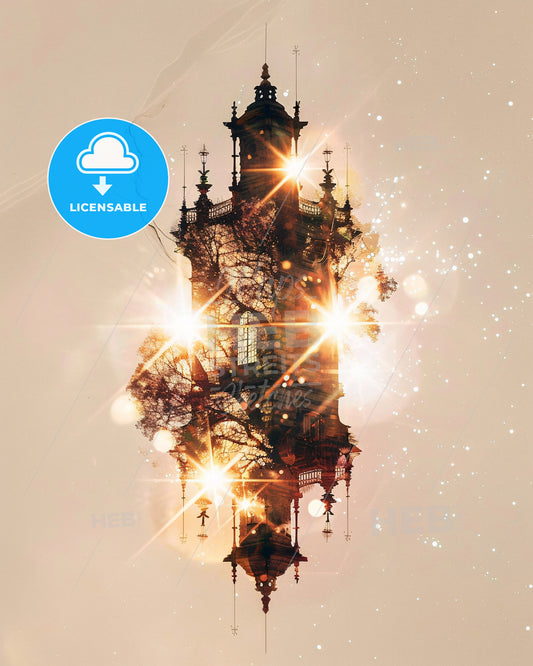 Reunion Island Double Exposure Art Poster with Sparkles - A building with a tower and lights
