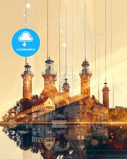 Rügen Island Skyline Double Exposure Composite Art - A building with towers and towers over water