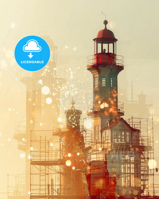 Rügen City Skyline Double Exposure Landmark Poster - A tower with scaffolding and a building