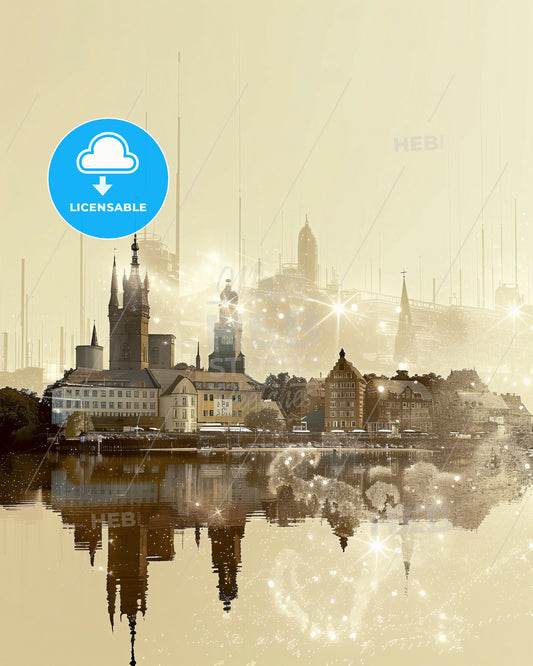 Rügen Skyline: Local Landmarks Double Exposure - A city with a bridge and buildings in the background