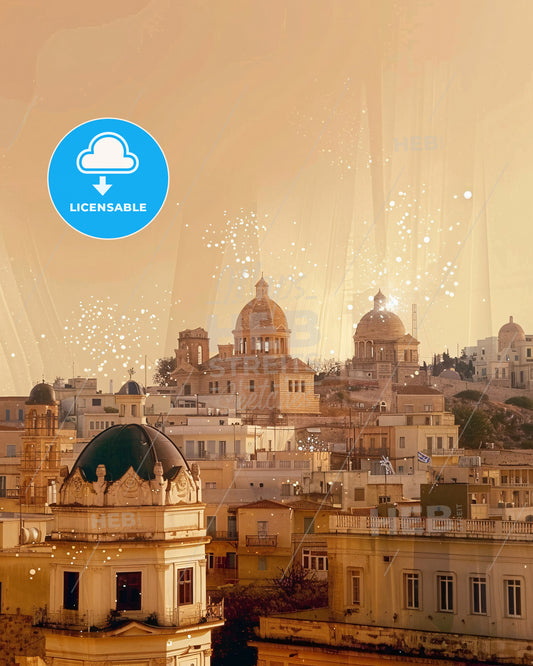 Rhodes City Icon Skyline Double Exposure Poster Art - A city with buildings and a dome shaped roof