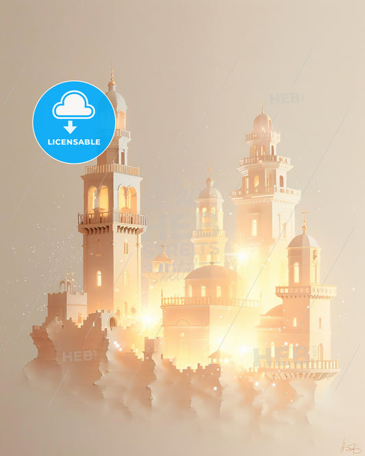 Rhodes City Skyline Vivid Composite Art on Beige - A castle with towers and lights