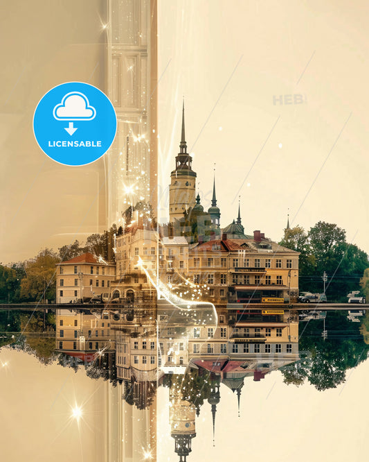 Saaremaa Skyline Double Exposure Art Poster - A city with buildings and trees reflected in water