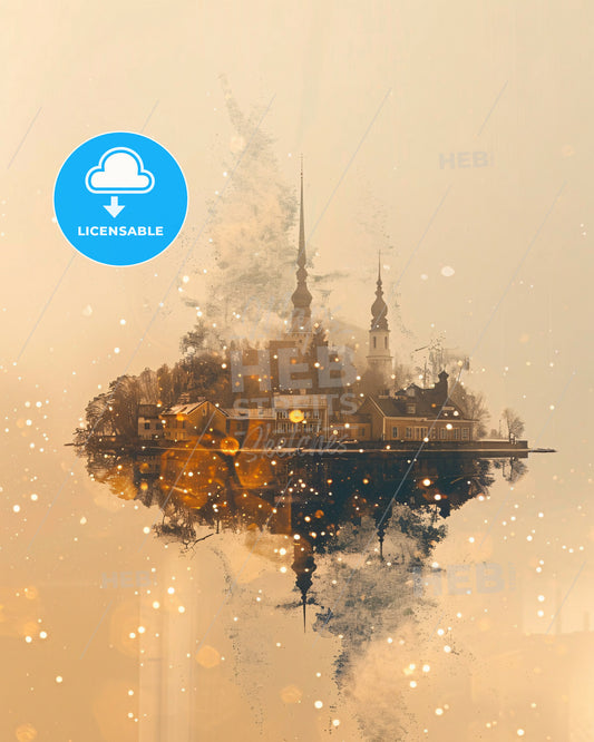 Saaremaa Estonia Double Exposure City Skyline Art - A small island with buildings and trees