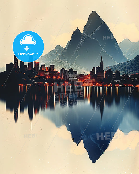 Saint Lucia Double Exposure Skyline Cityscape - A city on fire with mountains in the background