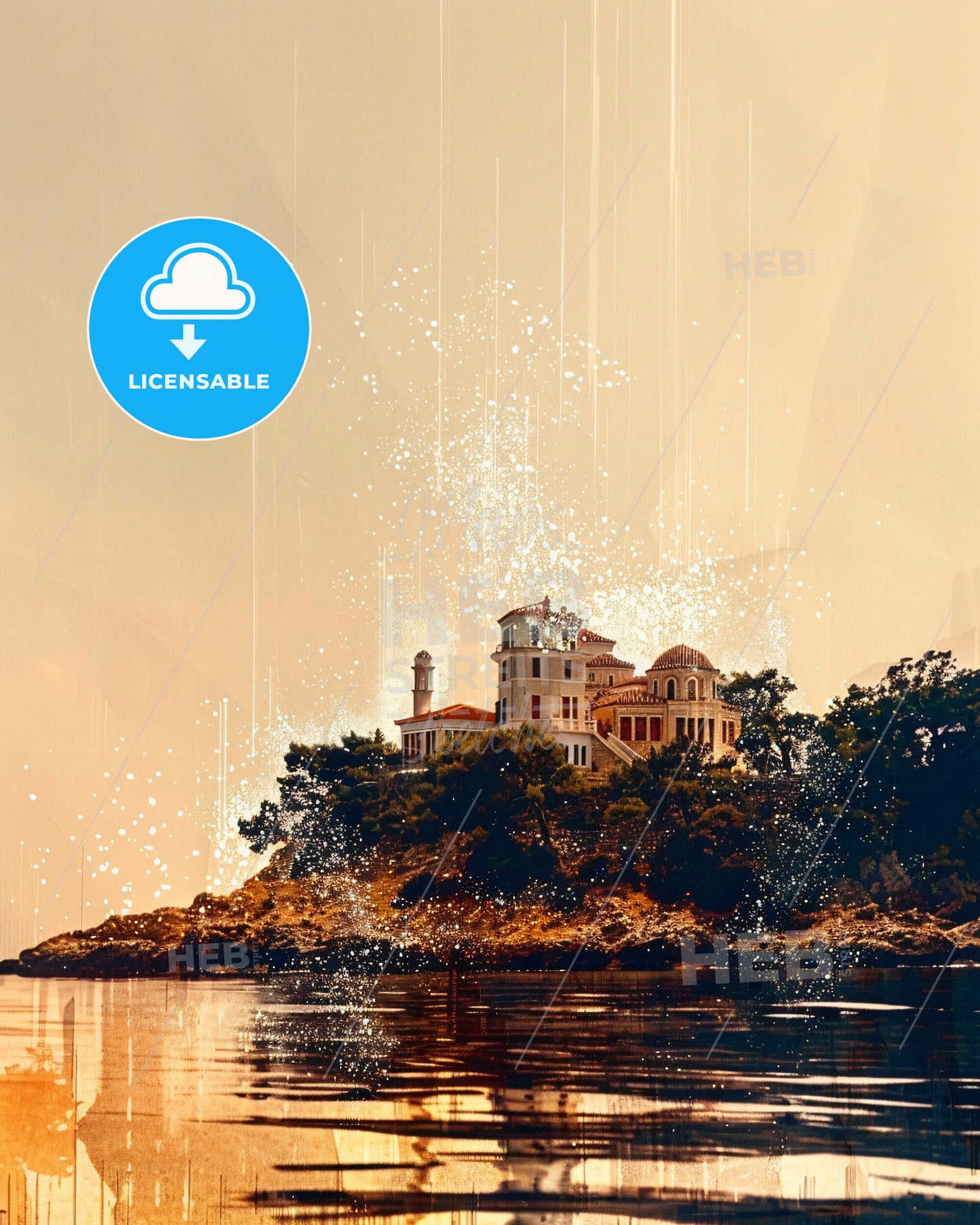 Island of Salamis - Dreamlike Double Exposure Skyline - A house on a hill surrounded by water