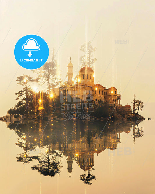 Salamis Island Skyline Double Exposure Art Print - A building on an island with trees and lights