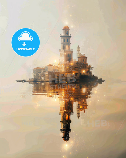 Samos: Double Exposure Skyline Art Poster - A small island with a tower and lights on it
