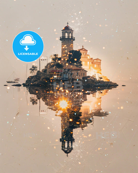 Samos Skyline Double Exposure Composite Art Poster - A building on a small island