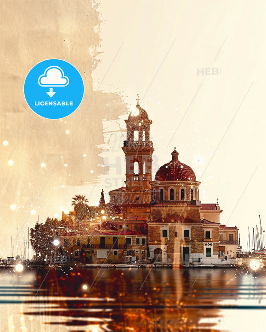 Samos Skyline Composite Art Bright Beige Poster - A building next to water