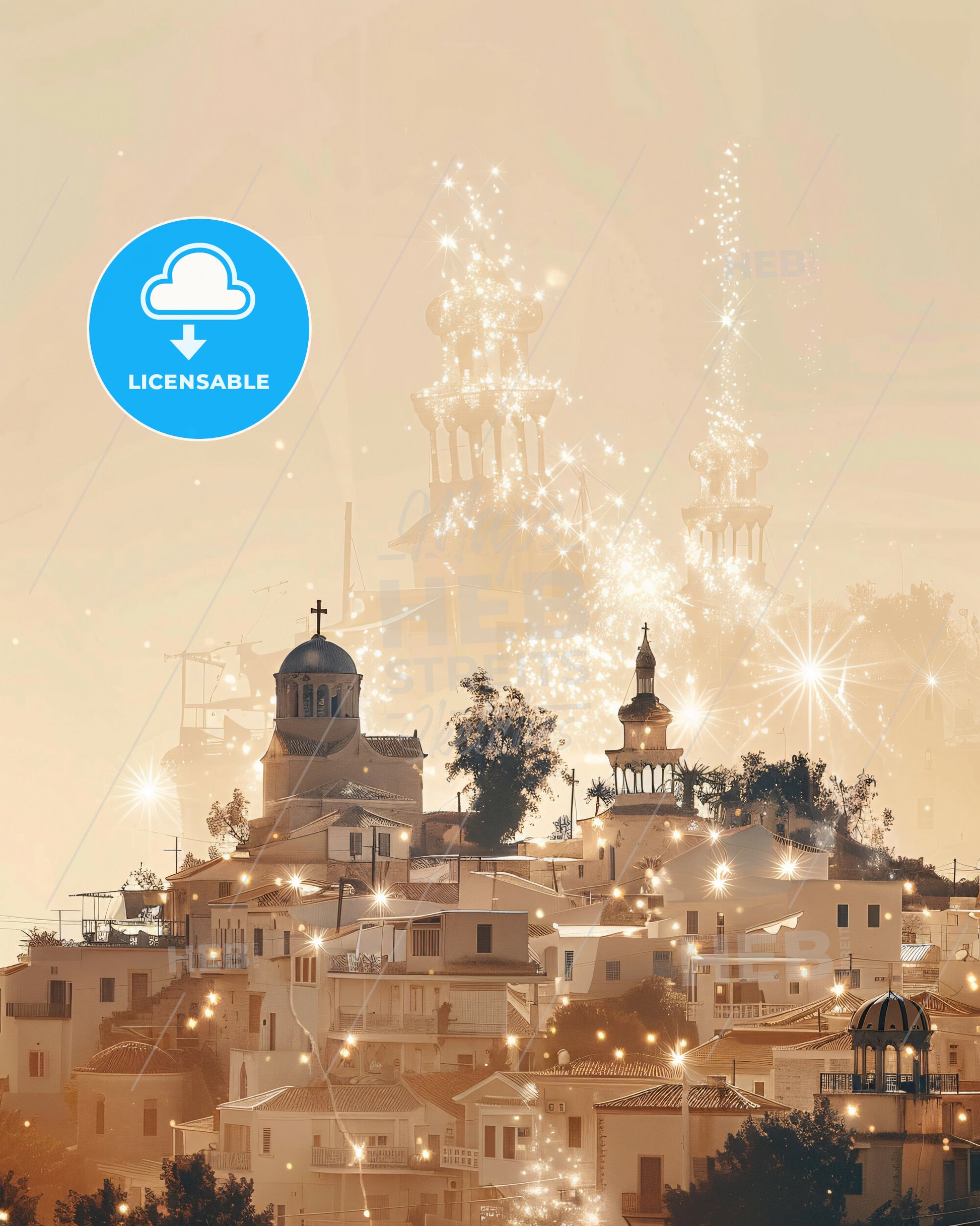 Samos Island Greece Double Exposure Skyline Panorama - A fireworks exploding over a city