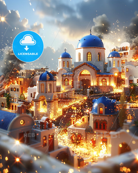 Santorin Island Double Exposure Poster Art - A city with a blue dome roof and blue domes