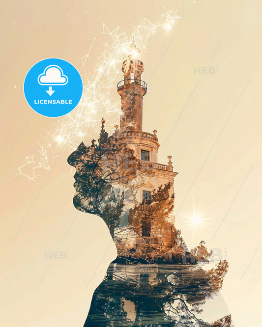 Sardinia: Island Art Poster with Glowing Landmarks - A double exposure of a head and a lighthouse