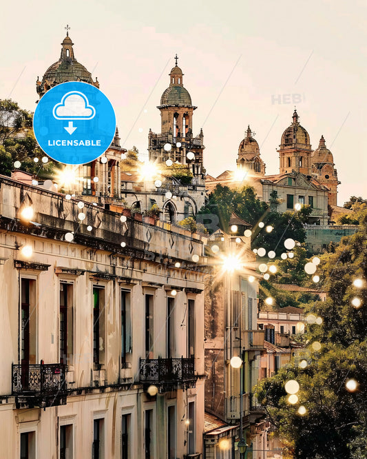 Sardinia City Skyline Double Exposure Poster Art - A building with a roof and a building with lights