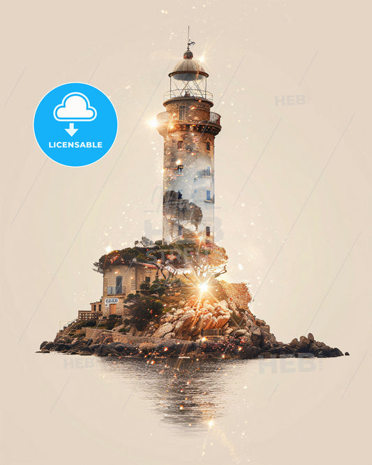 Sardinia, Italy: Double Exposure Art Poster with Local Landmarks - A lighthouse on an island