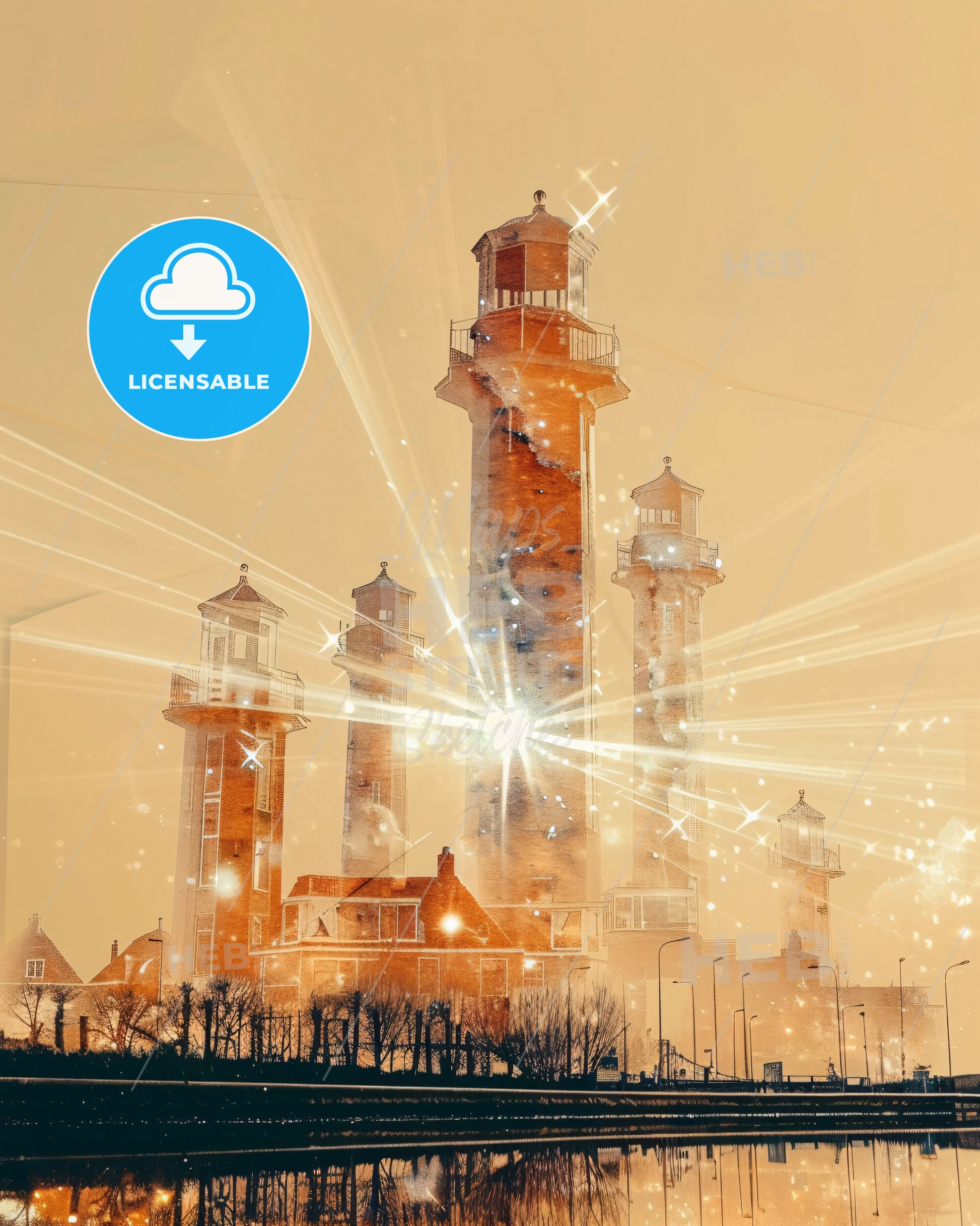 Schouwen-Duiveland Skyline Double Exposure Art Poster - A light house with towers and a light beam