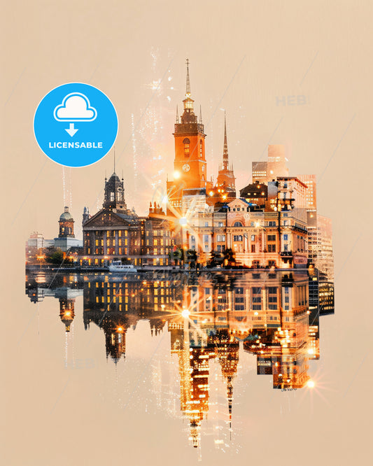 Södermalm Double Exposure Night Composite Poster - A city with lights reflecting in water