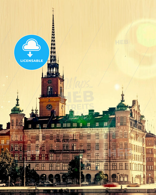 Sodermalm Skyline Double Exposure Composite Art - A building with a clock tower