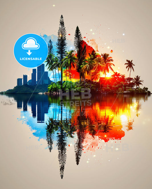 Seychelles Double Exposure Skyline Art - A colorful island with trees and buildings in the background